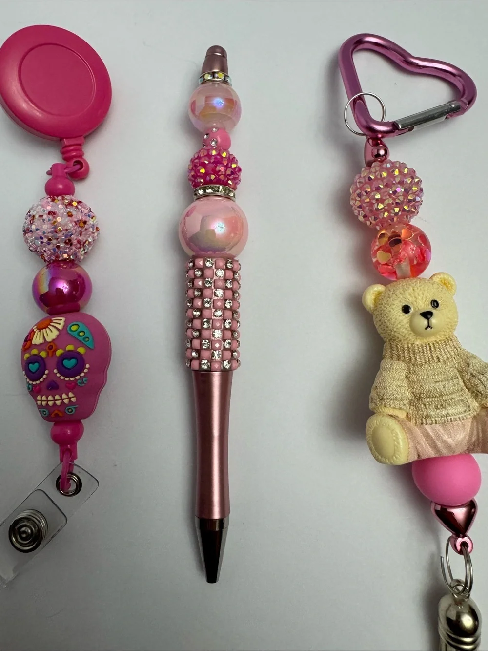 Pink Beaded Charm Pen, Keychain, and Badge Reel Set